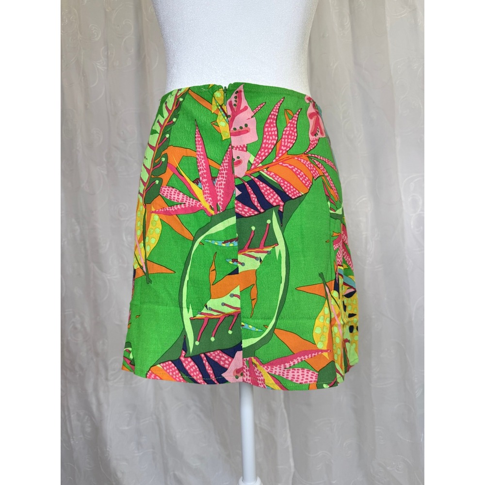 Olivaceous Tropical Print Mini Skirt Green Pink Monstera Leaf Rayon Small NWT - Picture 2 of 7